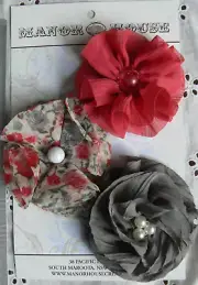 RED, GREY & Floral Mix Organza 3 Flowers All with Centres 60-70mm Manor House