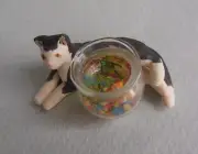 DOLLHOUSE MINIATURE ~BLACK & WHITE CAT WITH GOLDFISH BOWL