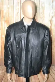 Jos A Bank Men Black Leather Plaid Insulation Snap Button Full Zip Jacket Sz XL