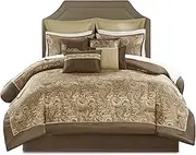Madison Park Essentials Brystol 24 Piece Room in a Bag Faux Silk Comforter Jacquard Paisley Design Matching Curtains - Down Alternative Hypoallergenic All Season Bedding-Set, Cal King, Brown