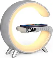 Wireless Charger Atmosphere Lamp Sunrise Alarm Clock, Dimmable Night Light with Time Display, Smart Lamp and Bluetooth Speaker, 256 Modes and 16 Million Light Colors