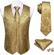 [Barry.Wang] Mens Paisley Suit Vest Silk Formal/Leisure Flower Jacquard V-neck Waistcoat Tie Set Wedding Tuxedo Prom