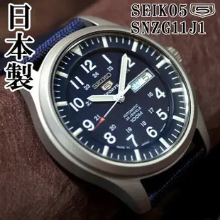 【金台鐘錶】SEIKO精工 5號 帆布機械錶 防水100米 -軍藍(日本版) SNZG11J1