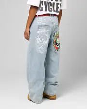 [ED HARDY] Ed Hardy Wide Leg Skull Jeans Light Blue - Size 34 34 Light Blue