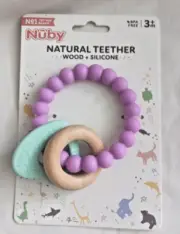 Nuby Natural Teether Silicone Heart & Ring Wooden Circle Baby Teething New