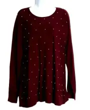 Womens Pull Over Sweater XL Beaded Long Sleeve Burgundy Crew Neck