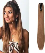 Hair Extensions Braid Hairpiece Clip-in Ponytail Extensions Claw Ponytail Hair Extensions Like Real Hair Straight Synthetic Hair Long Voluminous (Golden Brown)