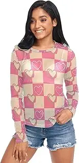 [RPLIFE] Checkerboard Pink Cream Mesh Blouse for Women, Rave Long Sleeve Top S-XXL
