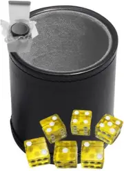 Set (6) Transparent Yellow Dice +Black PU Leather Dice Cup Grey Felt Lined Boxed