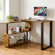 Advwin Computer Desk 360 Degree Rotating L-Shaped Desk with Bookshelf Corner Desk, Walnut