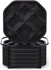 UMIRRO Silicone Cup Coasters for Drinks with 6 Pack w/ Holder, 01. Black