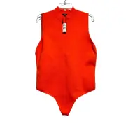 Express Women's Bodysuit Red XL Classic Ribbed Front Closer Sleeveless High Neck