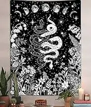 VEIGIKE Witchy Snake Vertical Tapestry, Trippy Black and White Floral Moon Phase Cool Tarot Tapestry Wall Hanging for Bedroom Aesthetic, Nature Tapestries Poster Blanket College Dorm Decor (36X48)