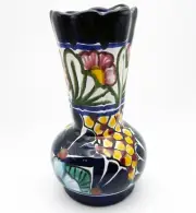 Hecho en Mexico Talavera Pottery Handmade Blue Vase Flowers Corn 5" Ceramic