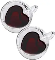 CNGLASS Double Wall Heart Shaped Glass Coffee Mugs 8.5oz(Set of 2),250ml Insulated Clear Tea Cups with Handle,Unique Glass Espresso Mugs for Coffee,Cappuccino,Latte,Milk