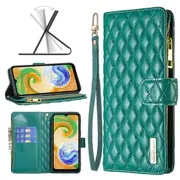For Samsung Galaxy A04S /A13 4G /5G Diamond Quilted Leather Zipper Wallet Flip Case with 9 Card Slots and Lanyard Cover – Green