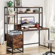 Tribesigns 55 Inch Computer Desk with 2 Drawers and Storage Shelves, Rustic Office Desk with Hutch, Study Writing Gaming Table Laptop Workstation