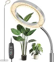 Floor Grow Light for Indoor Large Tall Plants, LED Full Spectrum Plant Light with Stand, 3/9/12H Timer, 60 Inch Height Adjustable,10 Level Dimmable, Silver Halo Growth Lamp
