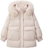 [nichangyuyi] White duck down big fur collar medium long down jacket solid color down coat, Pink(fox Hair), X-Large