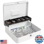 Cash Box with Money Tray and Key Lock, Parrency Large Money Box, 5 Compartmen