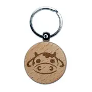 Kawaii Chibi Cow Head Face Milk Farm Animal Engraved Wood Round Keychain