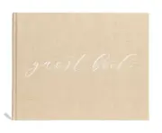 Pearhead Linen Beige Wedding Guest Book with White Script, Elegant Wedding, R...