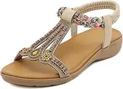 [ROCOTT] Women Rhinestone Fish Mouth Sandals, Summer Casual Open Toe Flat Shoes, Platform Wedge Sandals Walking Beach Sandal (Color : Apricot, Size : 37)