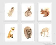 Set of 6 Woodland Animal Prints - watercolour nursery print forest animals