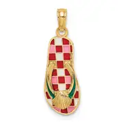 14k Yellow Gold 3D Enamel Shell On Red Checkered Flip-Flop Charm