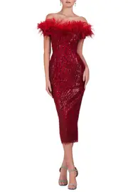 [O'BLANC] SEQUIN TEA LENGTH FEATHERED DRESS US 14 RED