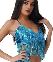 [Wuchieal] Women's Belly Dance Costume Sequin Bra Tassel Top with Chest Party Club Wear Bra Top (One Size