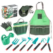 11pcs Kids Gardening Tools Set Includes Tote Bag Spade Rake Fork Apron Gloves Watering Can Outdoor Toys Gift For Boys Girls Green