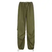 Low Rise Drawstring Waist Baggy Pants Army Green - S