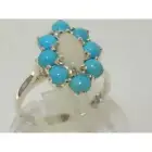 Solid 18k White Gold Natural Opal & Turquoise Womens Cluster Ring