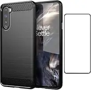 [Asuwish] Compatible with Oneplus Nord Case and Tempered Glass Screen Protector Cell Accessories Slim Silicone Phone Covers for One Plus On 1 Plus 1plus One+ 1+ 1+Nord Women Men Carbon Fiber Black