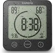 KADAMS Shower Timer Waterproof Bathroom Timer, Wall Clock with Alarm, Digital Kitchen Timer, Waterproof for Water Spray, Temperature Humidity, Suction Cup, Hanging, Stand - Black