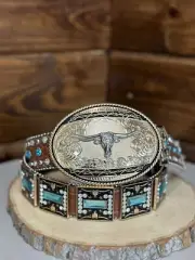 Stone belt with golden western longhorn buckle