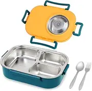 Puraville Stainless Steel Bento Lunch Box for Kids and Adults,Stackable BPA-Free Food Containers with 3 Compartments and Reusable Sauce Bowl, Fork and Spoon, (1000ml/34oz,Yellow)