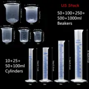 Lab Plasticware Set,4 Clear Plastic Graduated Cylinders with 5 Beakers +1 Brush