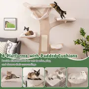 Costway Space-Saving Wall-Mounted Cat Tower Sial Scratching Wooden Post Tree White & Natural