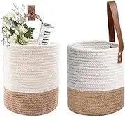 2-Pack Wall-Mounted Cotton Rope Hanging Baskets with Leather Handles Stylish & Durable Storage for Plants, Toys, Towels (White & Jute)