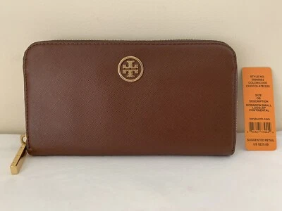NWT Authen Saffiano Tory Burch Robinson Zip Around Wallet, Chocolate/Dark Brown!