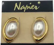 Vintage NAPIER Earrings Goldtone Faux Pearl Cabochon NEW Old with Tag YK