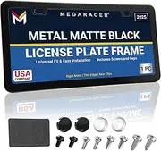 Mega Racer® Thin Matte Black License Plate Frame Metal | Compatible with BMW Tesla Mercedes Porsche Audi Lexus | Car Licence Plate Holder | Porta Placas para Auto All Car Tag Frame Screw Cap | 1 Pack