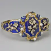 Handmade Vintage Blue Enamel Flower Gold Art Deco Ring - Size 8