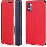 [Shantime] Classic Stripes Faux Leather Flip Case Compatible with Tecno Spark 9T India, Invisible Magnetic Cover with Card Slot, Contrast Color Design(Red)