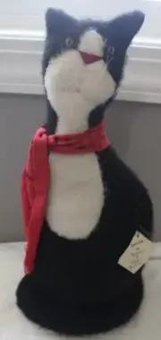 HANDCRAFTED NEW BLACK & WHITE CAT FABRIC PLUSH WEIGHTED 17" FIGURINE HALLOWEEN