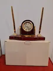 Things Remembered Mahogany Danberry Desk Clock Gold Filled Pens VINTAGE & NEW!