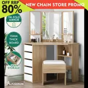 ALFORDSON Dressing Table Stool Set Makeup Tri-fold Mirror Vanity Desk Oak