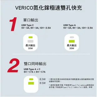 VERICO 30W 氮化鎵 雙孔充電器 Type-C孔 快充充電器